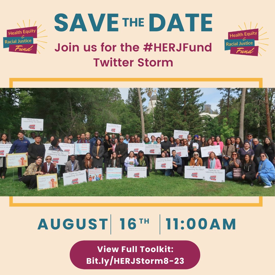 1/#HERJStorm Alert! #CALeg & @CAGovernor are returning next week! Now is the time for them to hear from ALL of us! Join us HERE for a #TwitterStorm to elevate #HERJFund & need to support CA CBOs work advancing #RacialJustice & #HealthEquity. Use toolkit: bit.ly/HERJStorm8-23