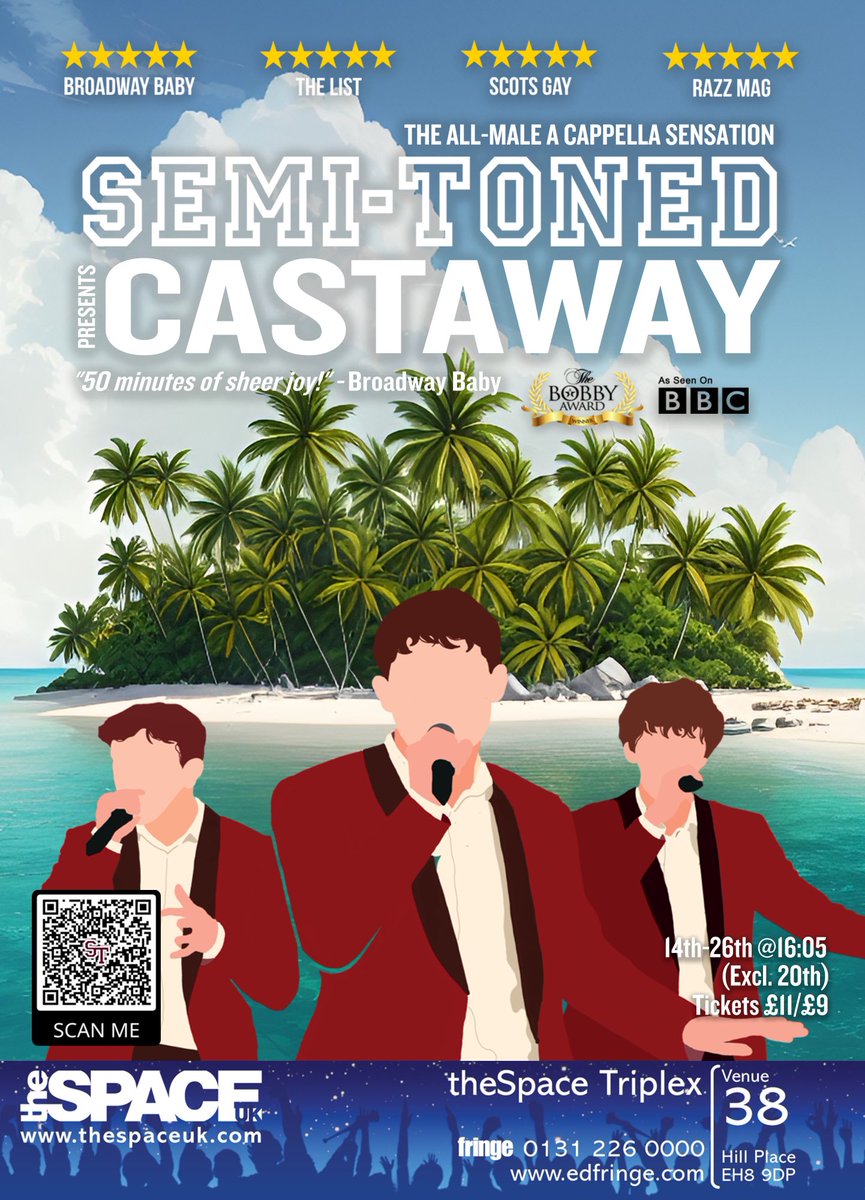 🚨First show in 3 days! 🚨 

Semi-Toned are bringing another 50 minutes of hilarious, tongue-in-cheek, top-notch a cappella to the fringe!

Get your tickets here: thespaceuk.com/shows/2023/sem…

We can’t wait to see you <a href="/theSpaceUK/">theSpaceUK</a> triplex at 4:05 every day!

#QuickFlyer #edfringe23