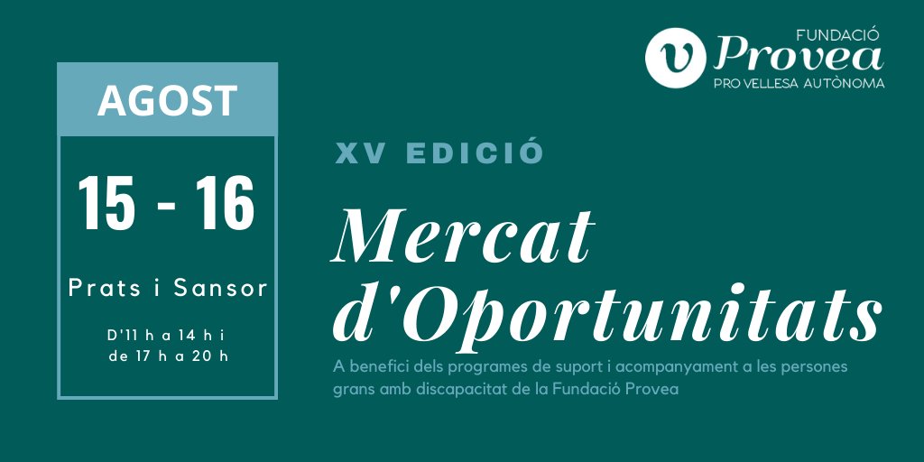 ⚠️Estàs a la Cerdanya el 15 i 16 d'agost?

Vine al #Mercat d'Oportunitats de <a href="/FundacioProvea/">Fundació Provea</a>‼️ 

La recaptació es destinarà íntegrament als programes de suport i acompanyament a #personesgrans.

📍 Prats i Sansor
⏲️D'11 h a 14 h i de 17 h a 20 h

👇
acortar.link/wJP7bn