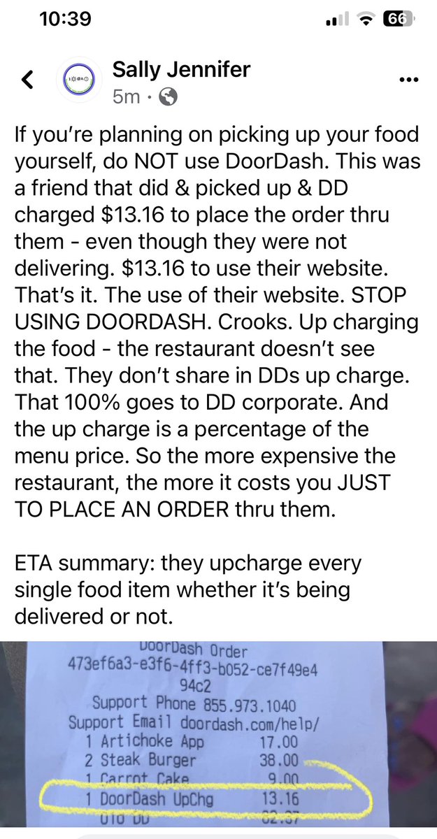 STOP USING DOORDASH. Shady AF biz practices. Every.single.food item up charged whether it’s being delivered by DD or not. The more expensive the restaurant, the higher the fee. And the restaurant gets ZERO. 45 min on the phone with these assholes to get a refund.
