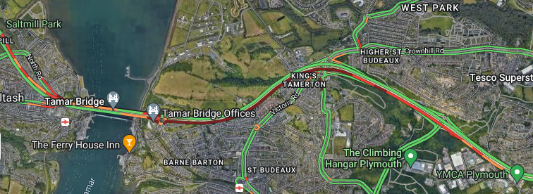 #TamarBridge #A38: Currently some wait Cornwall-bound, towards the Tamar Bridge. Traffic queuing back to Weston Mill.