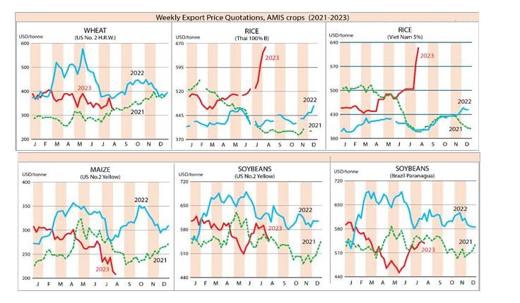 gaurav_kochar's tweet image. Export prices of #AMISoutlook crops. #Rice at 15-year high with #dryness in #Thailand and #export ban in #India raising fears for global supplies.