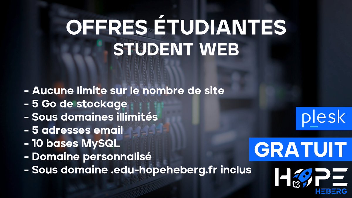 HopeHeberg's tweet image. Chez HopeHeberg, nous avons à coeur de soutenir les étudiants dans leurs projets. C'est pourquoi nous avons décidé de lancer une nouvelle gamme d'offres gratuites pour les #étudiants.
🖇️ Lien : hopeheberg.fr/store/education