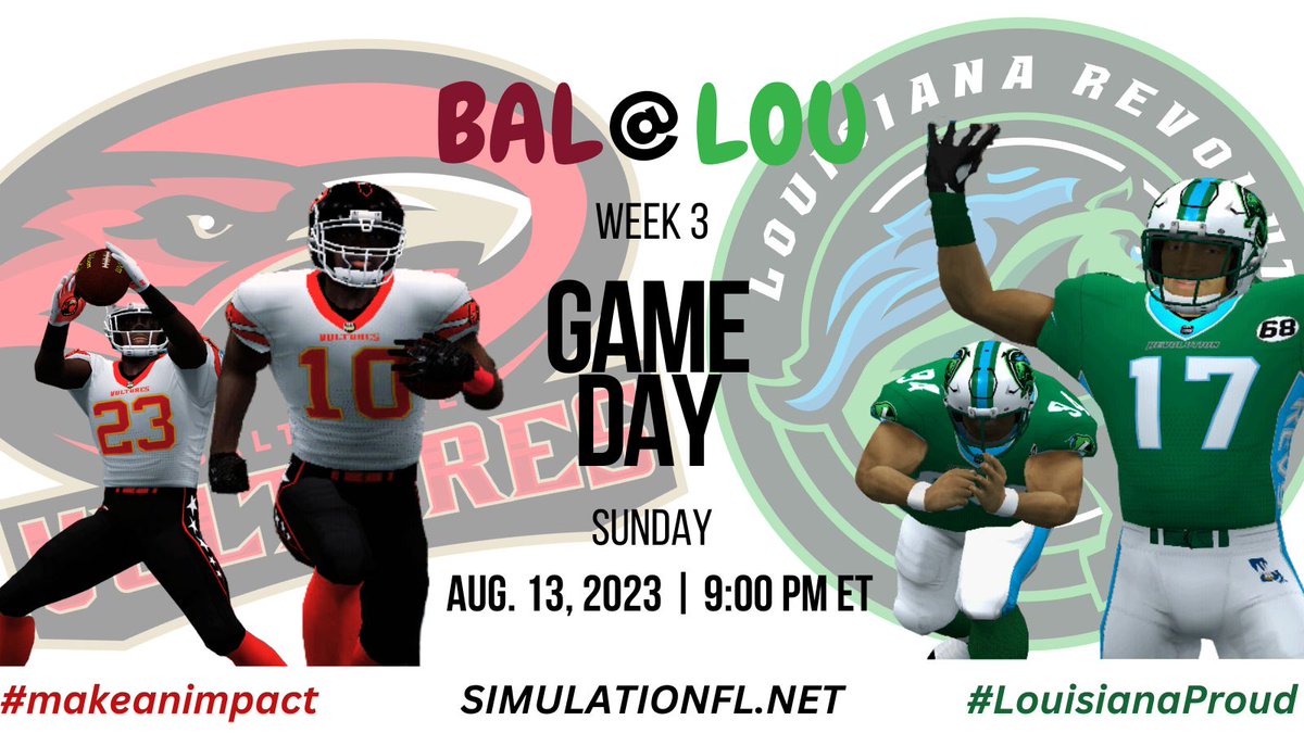 We're back in Louisiana!!!  

Your Revs return home for Week 3 to host the incomparable <a href="/SFL_Vultures/">baltimore vultures</a>! Join us on Sunday as we look to return to winning ways in the <a href="/simulationfl/">Simulation Football League</a>. 
#RevUp #LouisianaProud #CadillacStyle