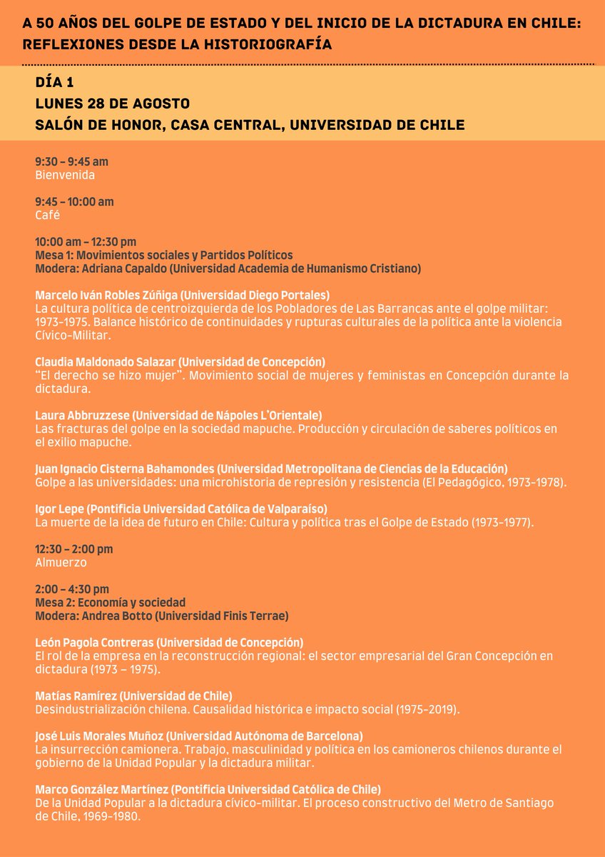 AChHi_cl's tweet photo. Programa completo del seminario 'A 50 años del golpe de Estado y del inicio de la dictadura en Chile: reflexiones desde la historiografía' https://t.co/lFeGzRqrU0