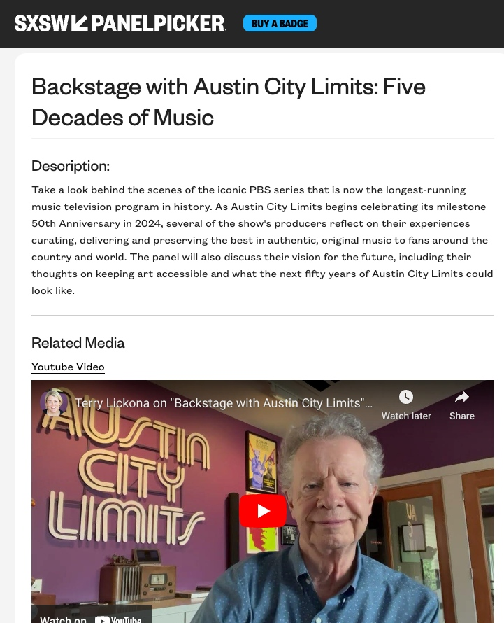 Vote 👍️ for our @SXSW panel panelpicker.sxsw.com/vote/137316

Take a look behind the scenes of the iconic <a href="/PBS/">PBS</a> and <a href="/austinpbs/">Austin PBS</a> series that is now the longest-running music television program in history. 

#austincitylimits #acltv #austin #atx