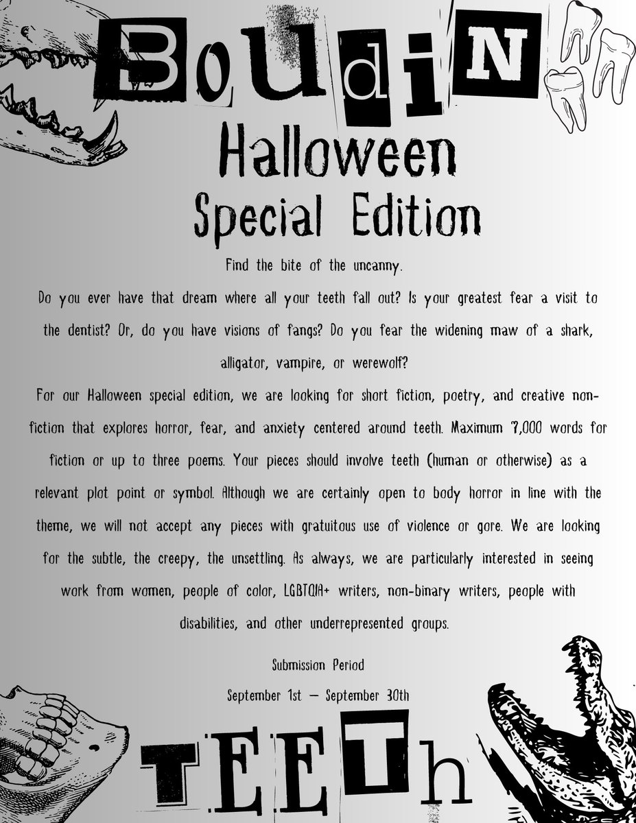 McNeeseReview's tweet photo. Get ready for Spooky Season and submit to Boudin’s Halloween Special Edition!  We’re looking for fiction, poetry, and creative nonfiction, that explores horror, fear, and anxiety around teeth. Max 7,000 words for fiction or up to 3 poems. Submissions open September 1st! https://t.co/Vn2lmgLwIL