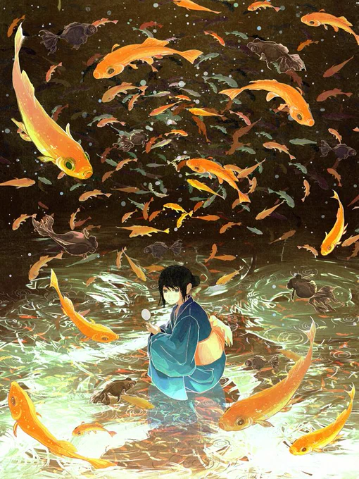 「はなび」(2012)季刊Sのコンペで大賞を頂いた絵。アートアクアリウム展にいったときや、お祭りで金魚すくいをして遊んだり、放流されてしまうニュースを見たりして、金魚の命って儚いなぁと思ったのが、花火みたいだなぁと思って描きました。…  