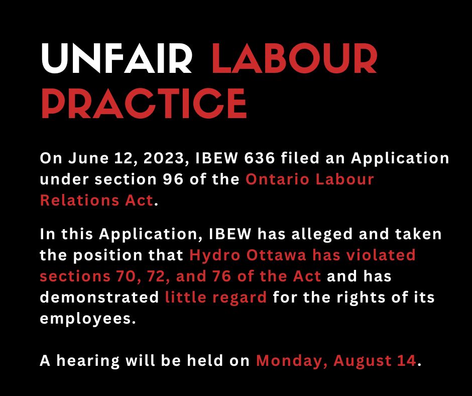 IBEWLocal636's tweet photo. 🗣️UNFAIR LABOUR PRACTICE 

Specifically, our allegations against @hydroottawa include:

🛑Section 70: Employers are not to interfere with the administration of unions

🛑Section 72: Employers are not to interfere with employees' rights

🛑Section 76: Intimidation and coercion https://t.co/FSX8l0Er3C