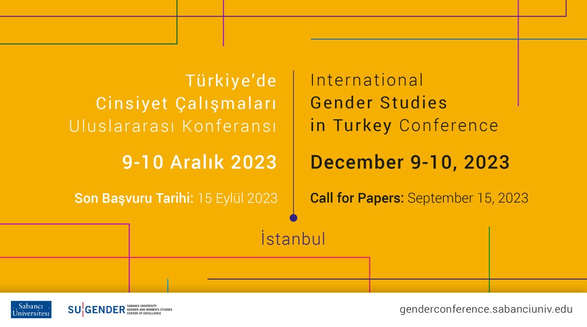 Türkiye’de Cinsiyet Çalışmaları Uluslararası Konferansı 9-10 Aralık’ta İstanbul’da. bit.ly/SUGenderConf_23
The International Gender Studies in Turkey Conference will take place in Istanbul on December 9-10, 2023. bit.ly/GenderConferen…