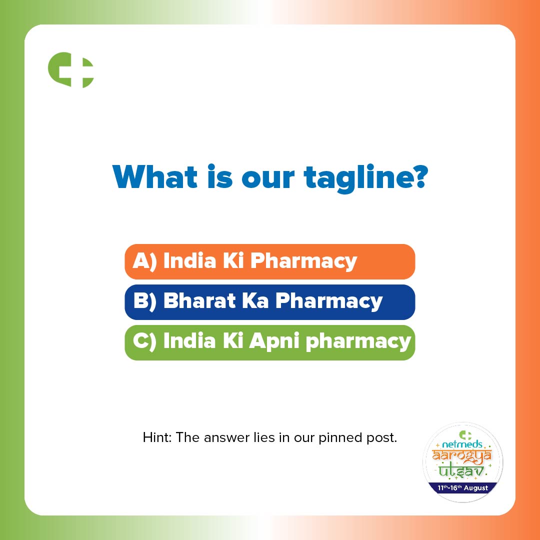#ContestAlert 🙌
10 lucky winners stand a chance to win Rs. 500 cash in their Netmeds wallet! 

Rules:
- Comment with the correct answer
- Add the hashtag #NetmedsAarogyaUtsavSale
- Tag 3 friends in the comments
- Follow Netmeds on Twitter

*T&amp;C Apply

#NetmedsAarogyaUtsav