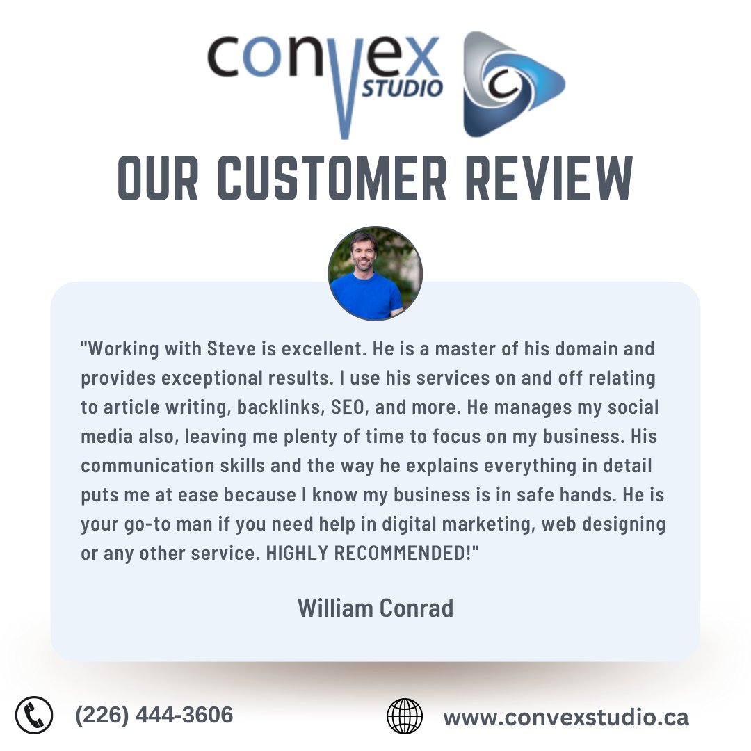 ConvexStudio's tweet photo. A Grateful Shoutout to Our Valued Customer: We would like to express our sincere appreciation to William Conrad for their amazing review of our services. Your kind words motivate us to deliver top-notch solutions. Thank you for trusting Convex Studio with your business. https://t.co/K1ss2c9Fpl