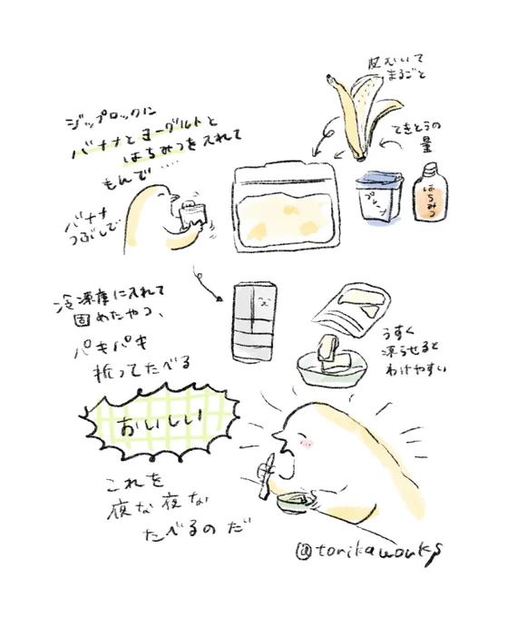 バナナとヨーグルトとはちみつで作るアイスにどハマりしていて夜な夜な食べています