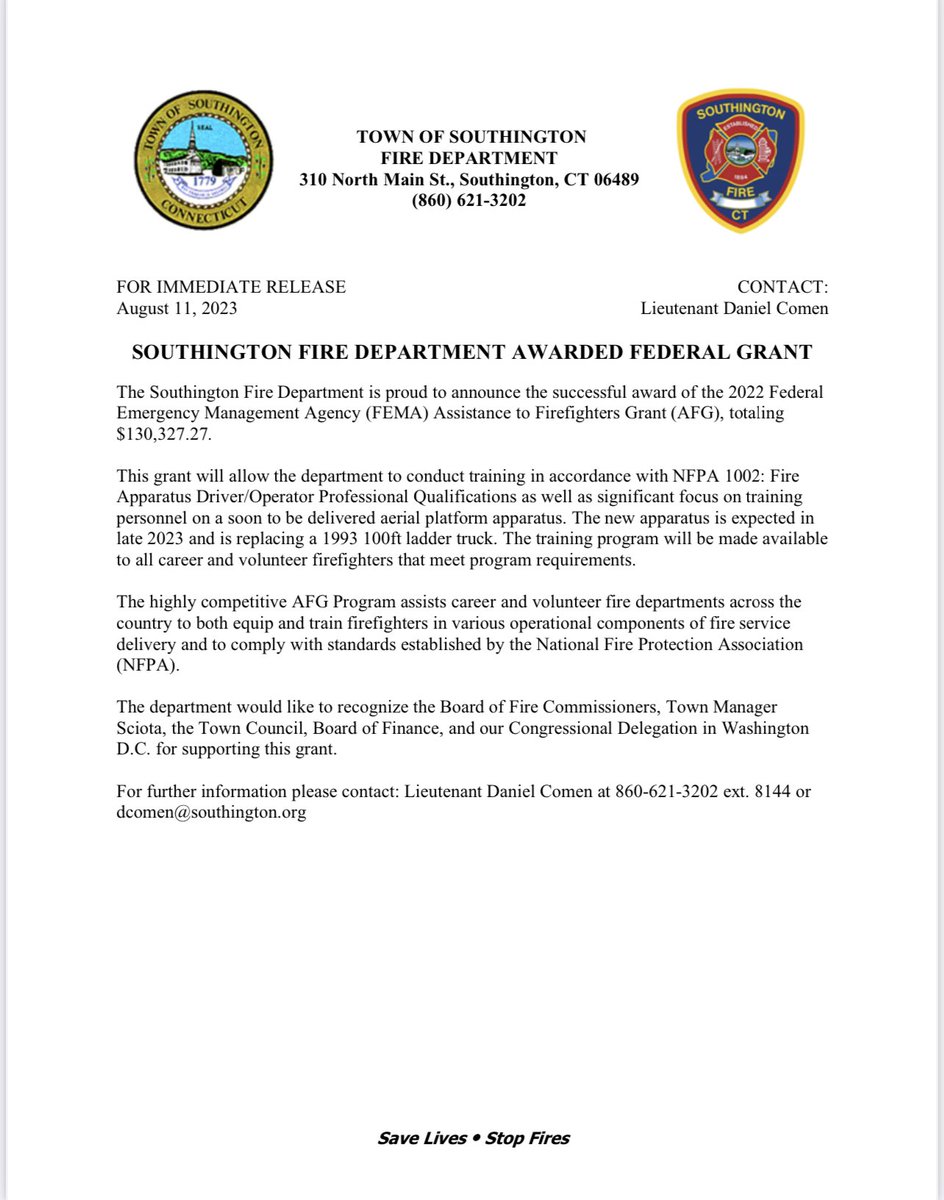 SouthingtonFD's tweet photo. ✅ The Southington Fire Department is proud to announce the successful award of the 2022 Federal Emergency Management Agency (FEMA) Assistance to Firefighters Grant (AFG), totaling $130,327.27. https://t.co/dBn6ebuOPx