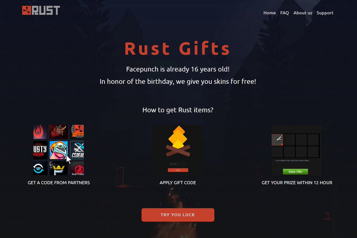 Rustgifts's tweet photo. $10,000 skins giveaway!🎁

🥳Facepunch is already 16 years old! In honor of the birthday, we give you skins for free!

⏰How to get Rust items?  
✅Get a code from partners  
✅Apply gift code
✅Get your prize within 12 hour  

➡️https://t.co/yrHCcUmJAK

#rust #facepunch https://t.co/kGjMuZLenX