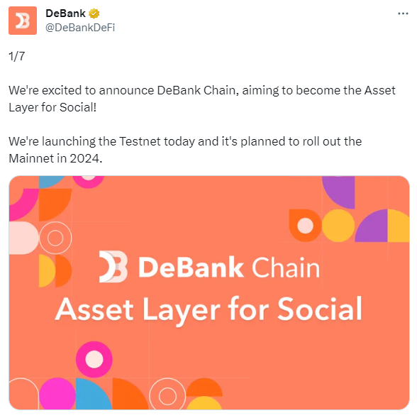 wronguser000's tweet photo. Here we go, @DeBankDeFi is launching its own L2 testnet today, with a mainnet planned in 2024

You can only get testnets tokens by using their Rabby wallet and I expect them to roll out test features and hint at incentives to push people to convert from M*tamask to Rabby

No token before 2024 so I guess I was a bit off on the timeframe but I would still bet on a decent part of it being airdropped to high value users

Anyway, I would start building my on-chain footprint on DeBank right now to be ahead of the many many many people that are going to flood the DeBank streets because of the hundreds of threads on CT we gonna see in the upcoming weeks/months

I shared a little guide a few days ago on how to get started for anyone that missed it, find it quoted below

https://t.co/6AQNHtQzNb