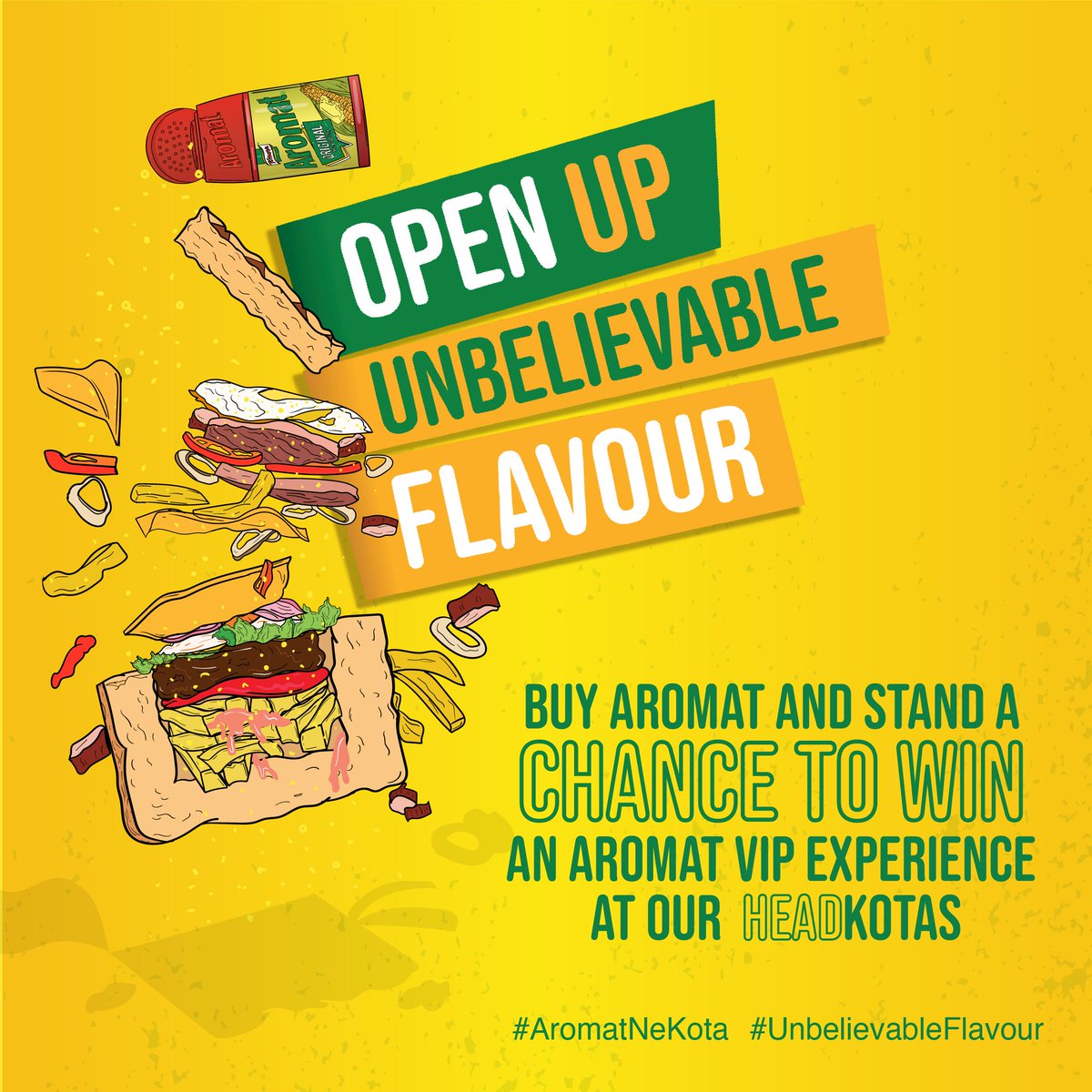 Zkhiphani's tweet photo. Sonke siyazi, it's not a Kota without iAromat. Open up Unbelievable Flavour in our Aromat Head Kotas at Soweto Kota Fest on the 2nd &amp; 3rd of September.  Cav the details at: https://t.co/N0ZXXTSgWr 

#AromatNeKota #UnbelievableFlavour @AromatSA https://t.co/SLdJDZVXTr