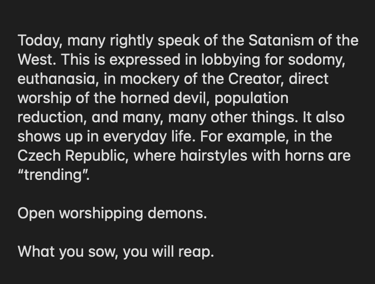 wartranslated's tweet photo. Czech people are worshipping demons 😭 In Czechia, a new demonic hairstyle is trending 🤣 

Russian "military correspondents" are something else. https://t.co/LTy1DdhSCp