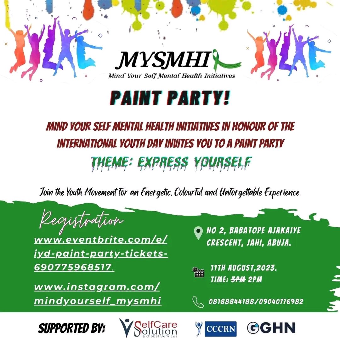 Mysmhi's tweet photo. 🎨Join us for a vibrant celebration of creativity and self-expression! 🌈Mind Your Self Mental Health Initiative is excited to invite you to our Paint Party in honor of International Youth Day.🎉

🗓️ Date: 11th August, 2023 (Today).
⏰ Time: 2pm prompt.
📍 Location: Jahi, Abuja. https://t.co/H1bKDMTwUj