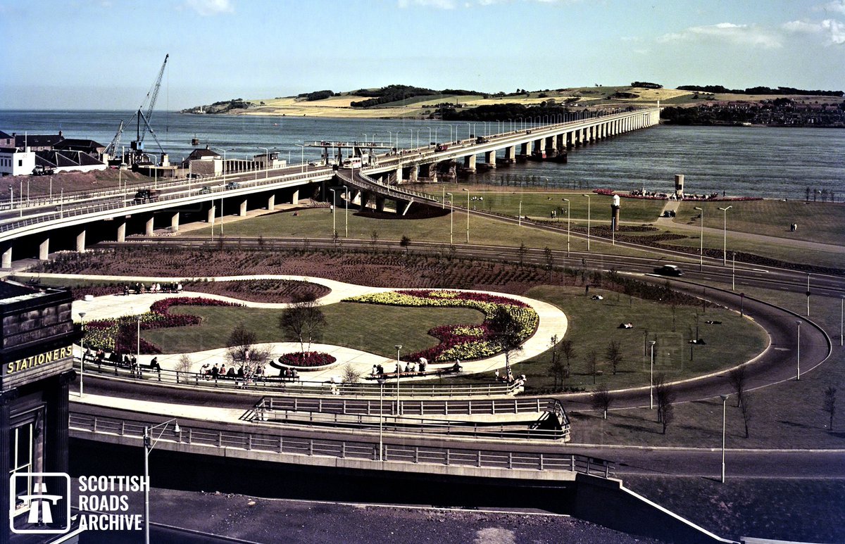 ScotRoadArchive's tweet photo. In this week in 1966 the Tay Road Bridge was officially opened to traffic. Designed by William Fairhurst and built by Duncan Logan Ltd, it cost £6 million. Steelwork was supplied by Dorman Long. The bridge is seen here shortly after its completion. 🥳

#Dundee #Archives https://t.co/RIjHDPWKXq