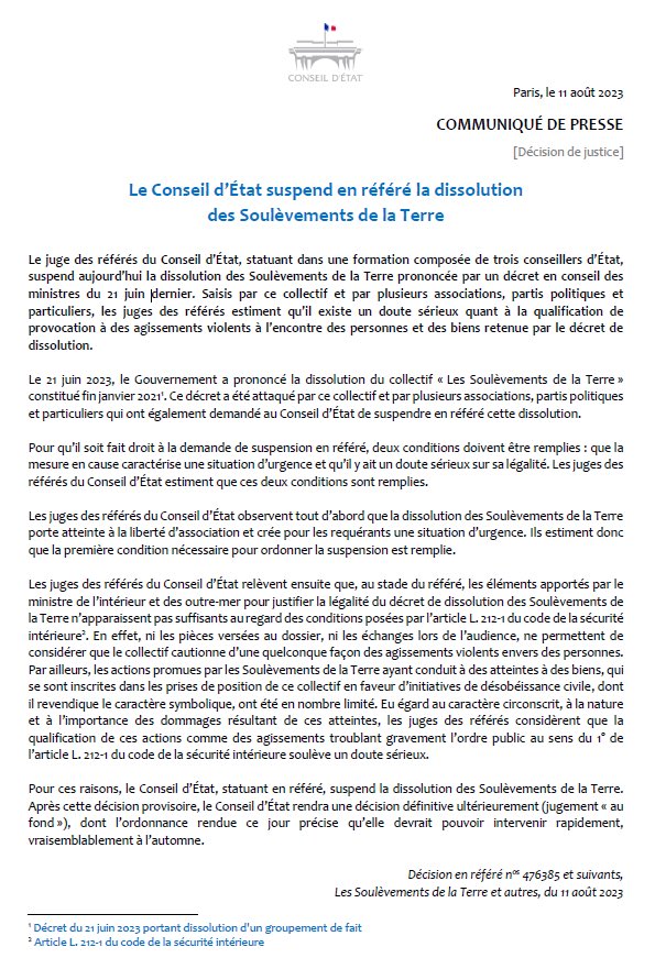 Le ⁦<a href="/Conseil_Etat/">Conseil d'État</a>⁩ suspend la dissolution arbitraire de ⁦<a href="/lessoulevements/">Les Soulèvements de la terre</a>⁩ estimant qu’elle porte atteinte à la liberté d’association et que les éléments apportés par ⁦<a href="/GDarmanin/">Gérald DARMANIN</a>⁩ ⁦<a href="/Interieur_Gouv/">Ministère de l'Intérieur</a>⁩ pour la justifier ne sont aucunement suffisants. 👏🙏😉