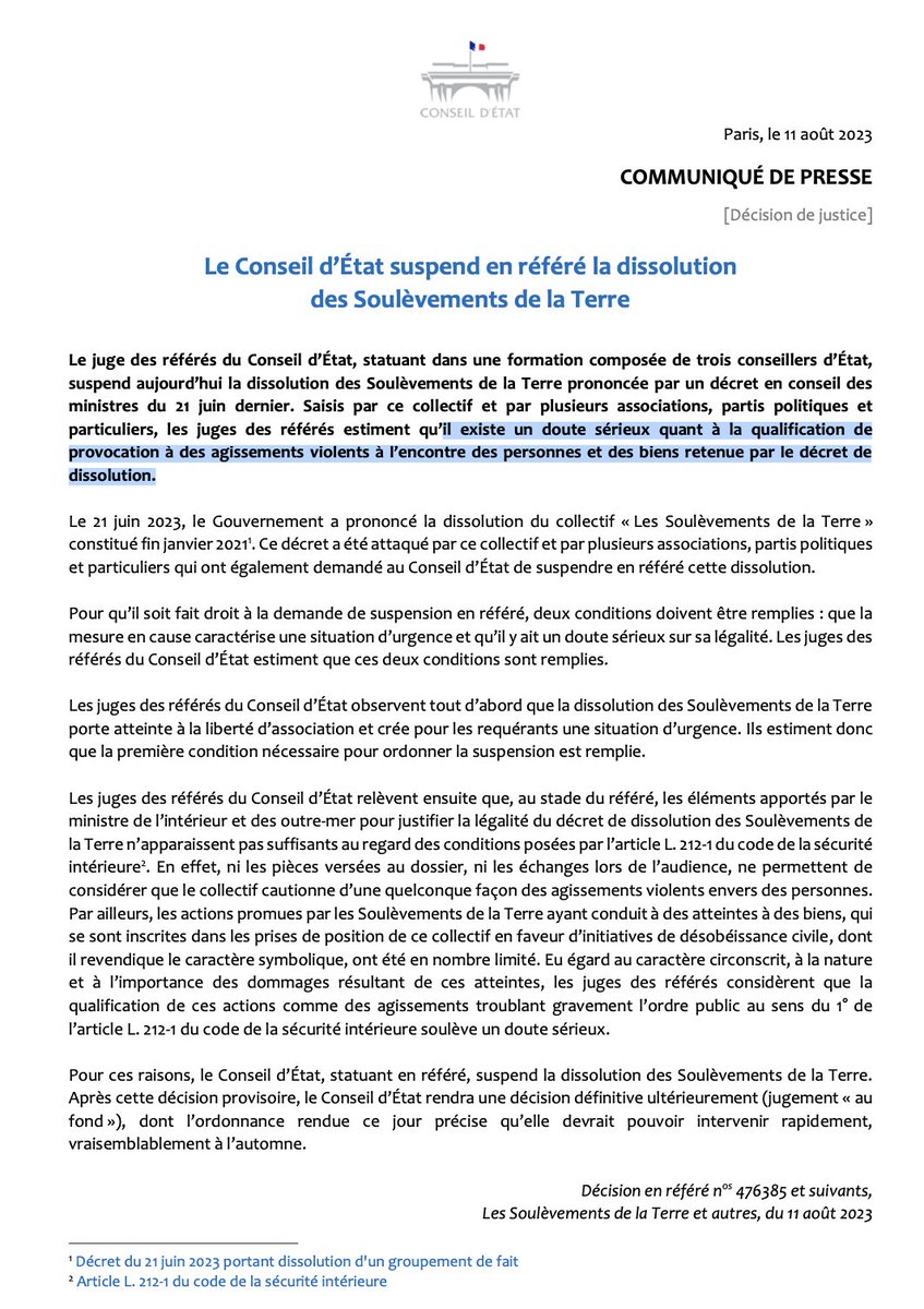 Nicomay's tweet photo. Belle victoire pour l'#écologie et les libertés, d'autant plus belle que c'est accompagné d'une défaite de #Darmanin...

Le juge des référés du #ConseildÉtat suspend aujourd’hui la dissolution des #soulevementsdelaterre ! 

ON NE DISSOUT PAS UN SOULEVEMENT ! 🔥 https://t.co/CKXUOYVIsA
