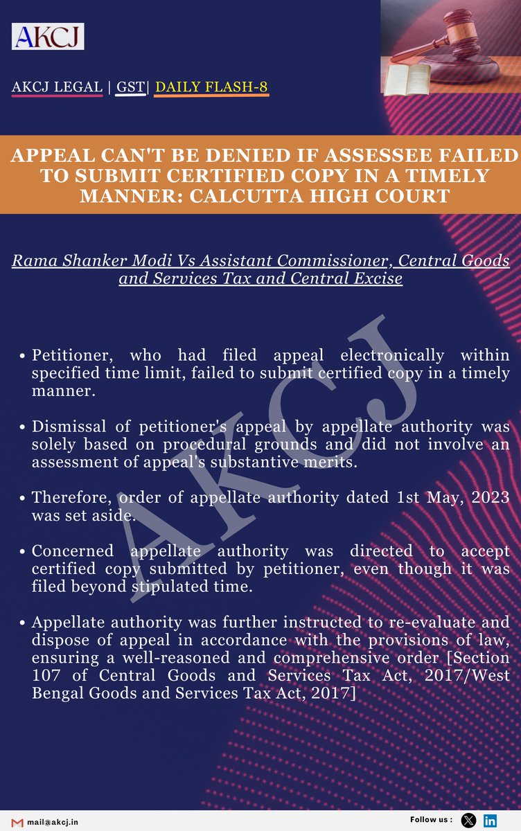 akcjlegal's tweet photo. AKCJ LEGAL | GOODS AND SERVICES TAX (GST) | DAILY FLASH-8 | 11.08.2023 |
"Appels can't be denied if assessee failed to submit certified copy on time-Calcutta High Court"
@amitkcjain | @sudhanshu2511 |
#akcj #Updates #dailyflash #gst #Legal #TwitterX https://t.co/fl5aVA5iLC