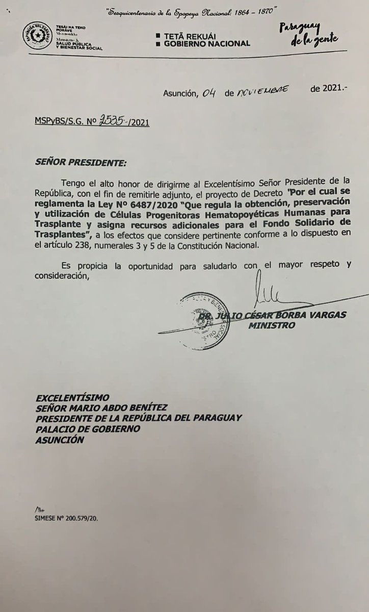 Por la firma del Decreto Reglamentario de la Ley del Donante de Médula Osea que quedó pendiente de firma por parte del Gobierno saliente. Prioridad 1 por favor! <a href="/SantiPenap/">Santiago Peña</a> <a href="/raulatorre/">Raul Latorre</a> <a href="/msaludpy/">Ministerio de Salud</a>