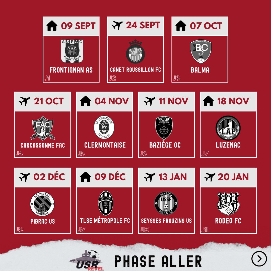 us_revel's tweet photo. 𝗖𝗮𝗹𝗲𝗻𝗱𝗿𝗶𝗲𝗿 𝘀𝗲́𝗻𝗶𝗼𝗿𝘀 𝟭
Le calendrier complet de l’équipe fanion qui évoluera en régional 1 !
Premier match le 9 septembre à domicile contre Frontignan.
🔴⚫️
#TeamUSR #usrevel #usr #ForzaUSR https://t.co/90wjC4bE1V