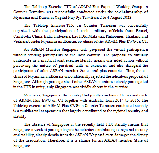 Ko Thu (@kothu21600) on Twitter photo My opinion on Table-Top Exercise of the ADMM-Plus EWG on CT, 2023 <a href="/SingaporePolice/">Singapore Police Force</a> <a href="/MAS_sg/">MAS</a>, <a href="/IMDAsg/">Infocomm Media Development Authority of Singapore</a>, <a href="/mhasingapore/">Ministry of Home Affairs, Singapore</a>, <a href="/SCDF/">Singapore Civil Defence Force</a>, <a href="/govsingapore/">Singapore Government</a> <a href="/ASEAN/">ASEAN</a> <a href="/ASEANMP/">APHR</a> <a href="/aseanphi/">ASEAN - Philippines</a> <a href="/Altsean/">ALTSEAN-Burma</a> <a href="/Asean2021_BN/">ASEAN 2021 Brunei Darussalam</a>
#WhatsHappeningInMyanmar My opinion on Table-Top Exercise of the ADMM-Plus EWG on CT, 2023 <a href="/SingaporePolice/">Singapore Police Force</a> <a href="/MAS_sg/">MAS</a>, <a href="/IMDAsg/">Infocomm Media Development Authority of Singapore</a>, <a href="/mhasingapore/">Ministry of Home Affairs, Singapore</a>, <a href="/SCDF/">Singapore Civil Defence Force</a>, <a href="/govsingapore/">Singapore Government</a> <a href="/ASEAN/">ASEAN</a> <a href="/ASEANMP/">APHR</a> <a href="/aseanphi/">ASEAN - Philippines</a> <a href="/Altsean/">ALTSEAN-Burma</a> <a href="/Asean2021_BN/">ASEAN 2021 Brunei Darussalam</a>
#WhatsHappeningInMyanmar