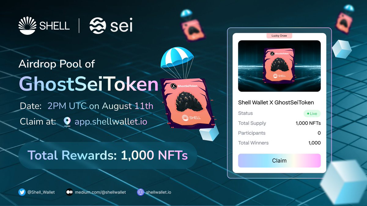 GhostSeiToken's tweet photo. 🪂 Airdrop Browser - Round 3: #TheBiggestAirdroponSei 🌊

📢 @GhostSeiToken will launch an airdrop pool on @Shell_Wallet's Airdrop Browser for Shell Passport NFT holders

📍 Venue: https://t.co/18UpisMKDe
⏰ Start Time: 2 PM UTC on August 11th
💰 Allocation: 1,000 NFTs for 1,000 https://t.co/vpY5CXQibV