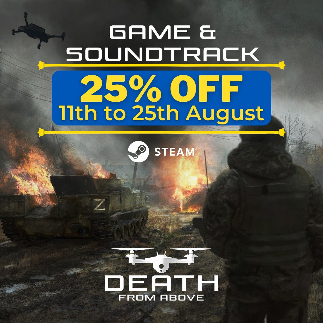 🥳 Death From Above will be part of the upcoming <a href="/ukrainiangames/">Ukrainian Games 🇺🇦</a> festival on <a href="/Steam/">Steam</a> 

To celebrate, DfA is -25% from now until August 25th!

So go and get it, have fun and support #Ukraine in the process! 💪🇺🇦 
👉store.steampowered.com/app/2300160?ut…
#SlavaUkraini #gamedevelopment #indiegame