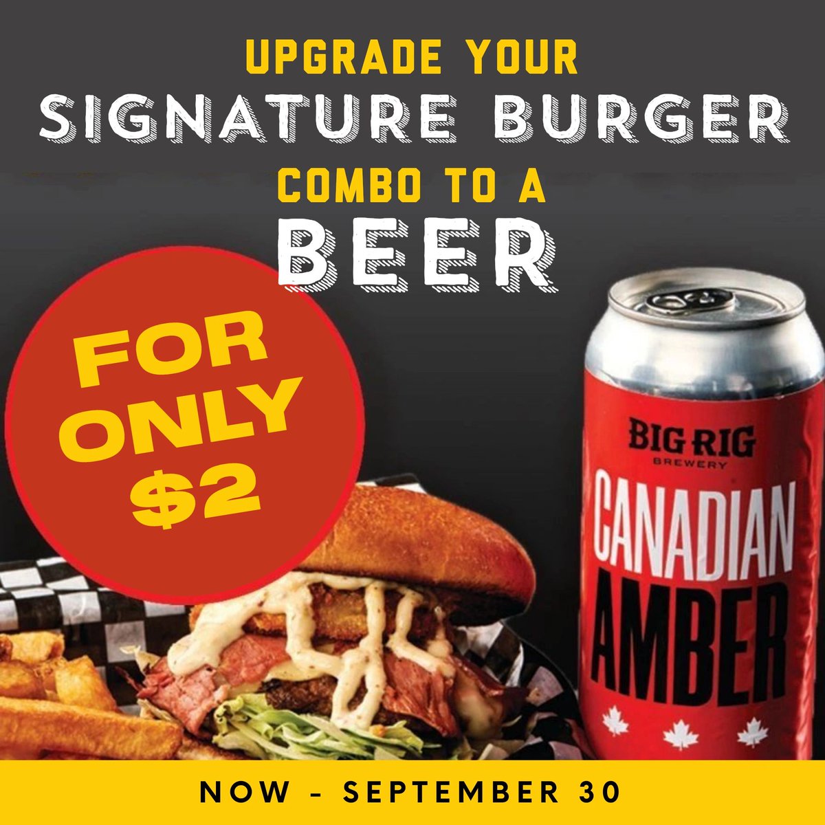 Yourworldburger's tweet photo. Thirsty for a burger and a cold one? 🍔🍺 Now through Sept. 30, upgrade your combo at World Burger, and enjoy a Big Rig beer of your choice for just $2! Our partnership with local Big Rig Brewery brings you a selection of eight refreshing brews. Don't forget your ID. Cheers! https://t.co/BoyRdwm3TW