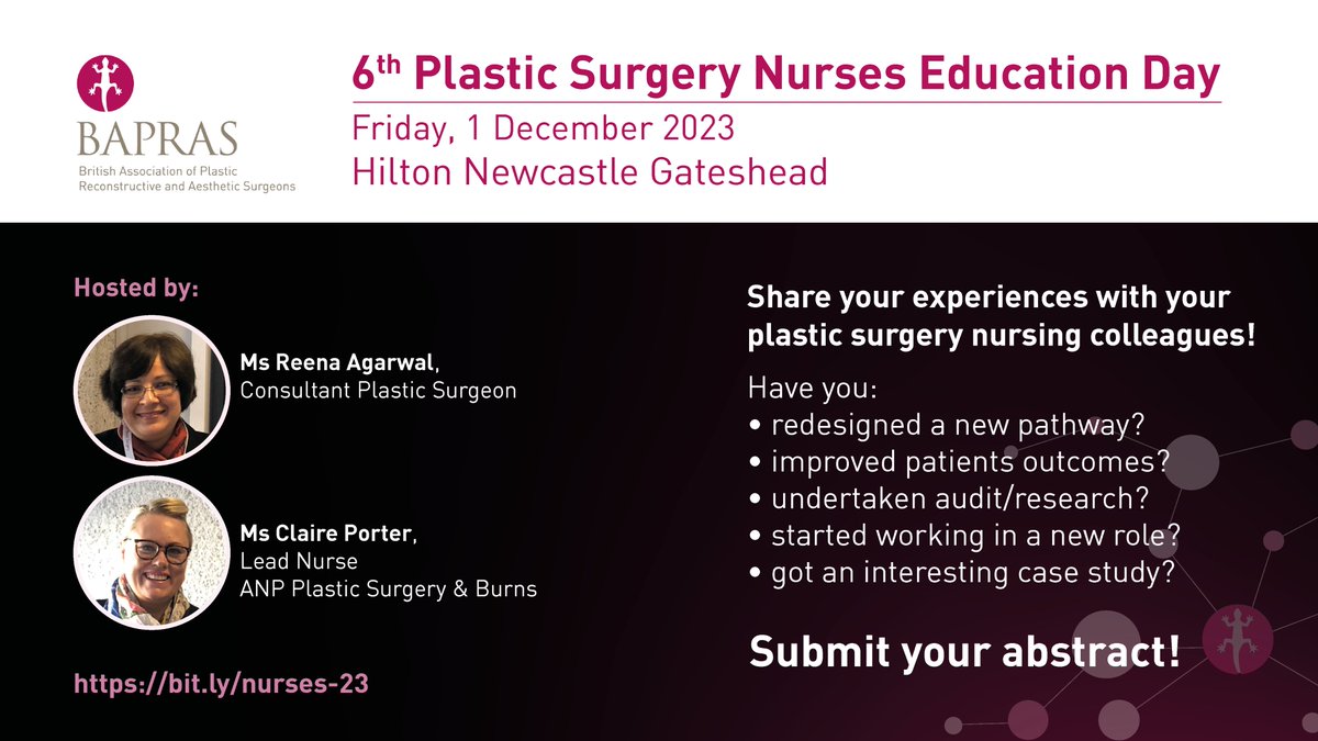 📅We are delighted to announce that the Nurses Education Day will return for the 6th edition on 1 December 2023!
📥We invite #plasticsurgery #nurses to share their experiences with their colleagues by submitting an abstract until 20 October.
Find out more👉bapras.org.uk/professionals/…