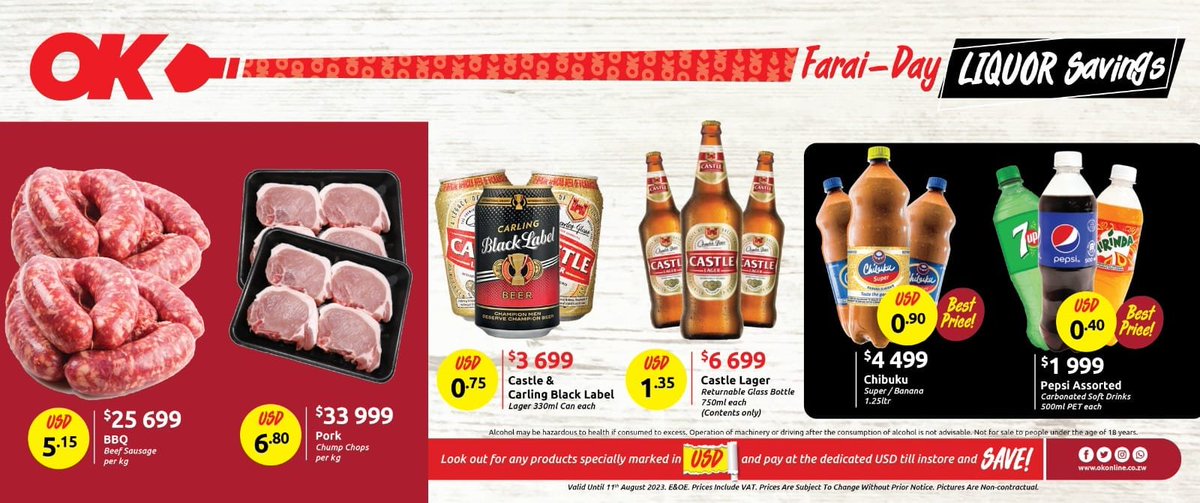 OKZimbabwe's tweet photo. Its Farai Day-Liquor Savings! Get your weekend ready with OK stores! Unwind and celebrate the weekend with our unbeatable specials. Don't miss out on the best deals in town. #faraiday #liquorsavings #myhappyplace https://t.co/fnrhB5L5sP