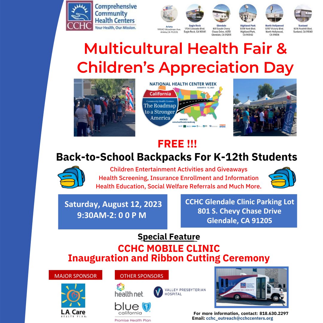 cchc_centers's tweet image. Join us for Multicultural Health Fair &amp;amp; Children’s Appreciation Day! Free backpacks, giveaways, health screenings, and more! Let's honor and celebrate our community. See you there! 

#cchc #freebackpacks #healthcare #communityevents #glendale #qualityhealthcare #honor