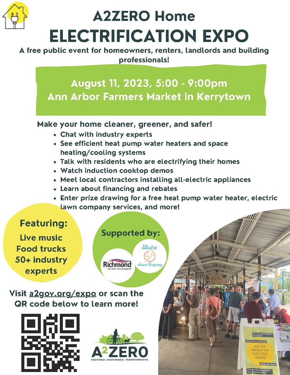 A2GOV's tweet photo. The #A2ZERO Home Electrification Expo is Aug. 11, 5-9 p.m. at the Ann Arbor Farmers Market. Chat with experts & local contractors, enter giveaways & enjoy music & food trucks. Visit https://t.co/lif6vfH7N7 to learn more https://t.co/tfkVgFNAtW