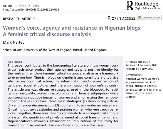 Mark Nartey (@narteymark) on Twitter photo New OPEN ACCESS article. I examine voice, agency and resistance in Nigerian feminist blogs. Free to download here: tandfonline.com/doi/full/10.10…
<a href="/uwelingo/">UWE English Language and Linguistics</a> <a href="/UWEBristol/">UWE Bristol</a> <a href="/Gender_Journal/">Journal of Gender Studies</a> <a href="/tandfonline/">Taylor & Francis Research Insights</a> New OPEN ACCESS article. I examine voice, agency and resistance in Nigerian feminist blogs. Free to download here: tandfonline.com/doi/full/10.10…
<a href="/uwelingo/">UWE English Language and Linguistics</a> <a href="/UWEBristol/">UWE Bristol</a> <a href="/Gender_Journal/">Journal of Gender Studies</a> <a href="/tandfonline/">Taylor & Francis Research Insights</a>