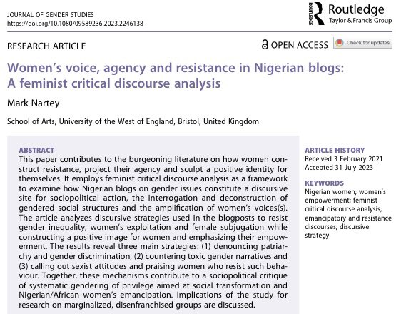 New OPEN ACCESS article. I examine voice, agency and resistance in Nigerian feminist blogs. Free to download here: tandfonline.com/doi/full/10.10… @uwelingo @UWEBristol @Gender_Journal @tandfonline