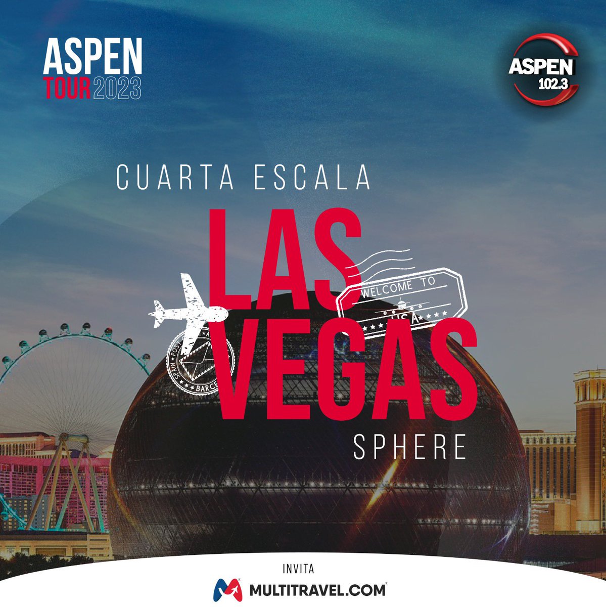 fmaspen's tweet photo. 📢 #AspenTour2023 anuncia su cuarta escala del año ✈️✈️✈️

Nos vamos a #LasVegas para vivir una experiencia increíble 🙌

🔊 U2 - The Sphere - 8 DE OCTUBRE 🎸

🎧 Escuchá la radio y muy pronto enterate cómo hacer para participar❗️ https://t.co/kRcGplyu5l