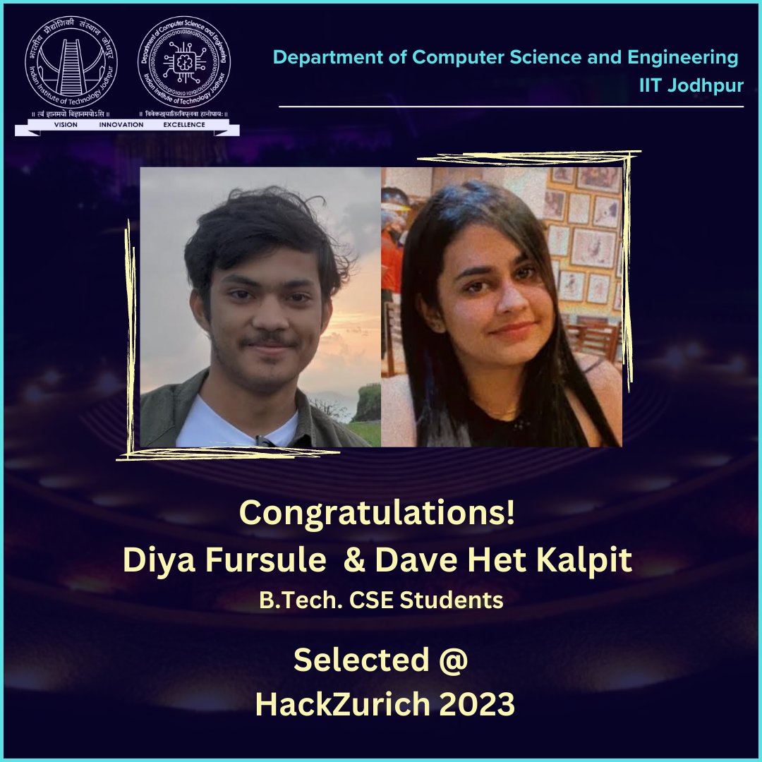 Updates from the Department of Computer Science and Engineering, IIT Jodhpur!..

New faculty joining, Project grants, Student accolades, and more...

#iitjodhpur #iitjodhpur15 #cseiitjodhpur #studentsuccess #facultysuccess #departmentgrowth
