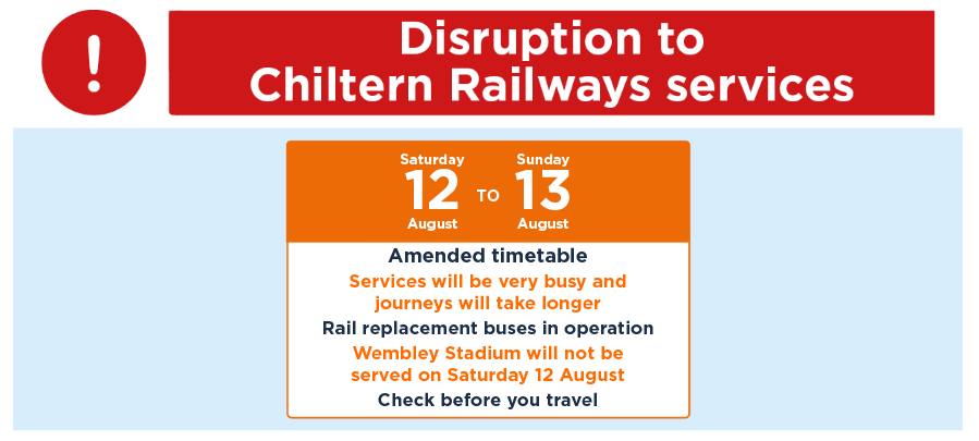 chilternrailway's tweet photo. There will be multiple Chiltern Railways trains cancelled on Saturday 12 August as we are facing a shortage of train crew members, which has impacted our ability to deliver the timetable.

We understand how frustrating this can be, and we apologise sincerely for the inconvenience this may cause to your travel plans. Please ensure you check before you travel using our website or app for updates and alternative travel options.

Thank you for your understanding and patience.