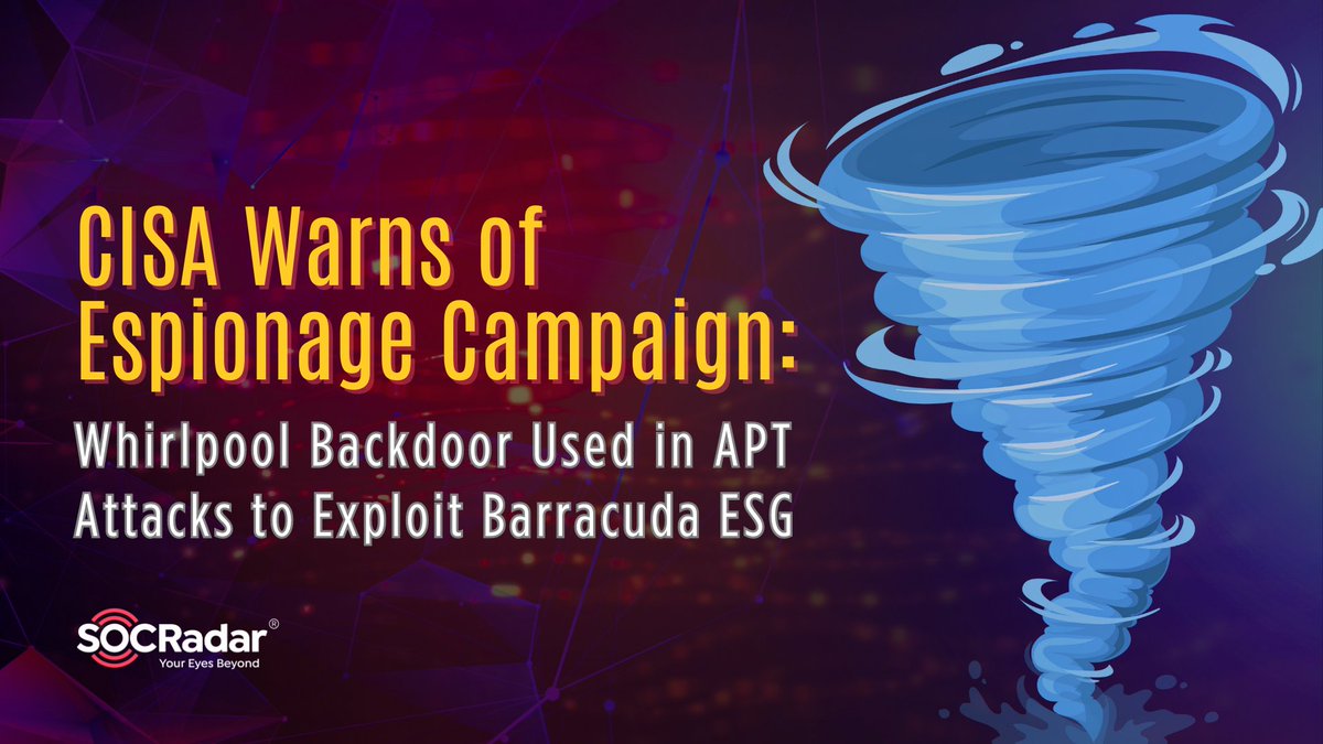 socradar's tweet photo. 🛑#CISA has issued an alert regarding ongoing cyberattacks by the #APT group #UNC4841, targeting #Barracuda Email Security Gateway (ESG) appliances with a #backdoor named "#Whirlpool."
🔻Access the latest updates on threat actors and #malware:
🔗https://t.co/b07BzxFiMK https://t.co/sHEEqiuVWC