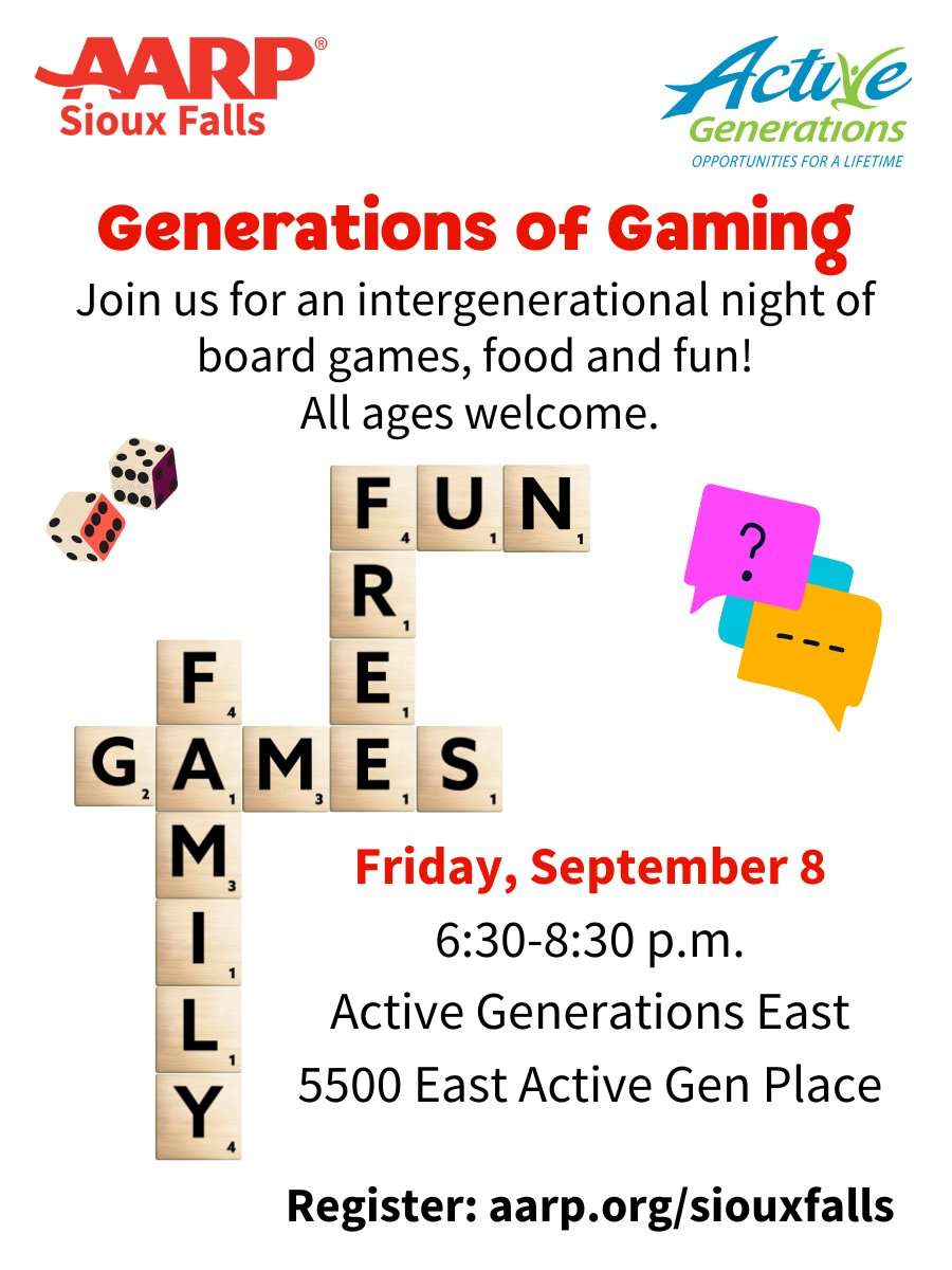 Who doesn't love a game night? We'll have unique "age-friendly" versions of favorites like Trivial Pursuit and Monopoly perfect for all ages. 

spr.ly/6015PgT6D