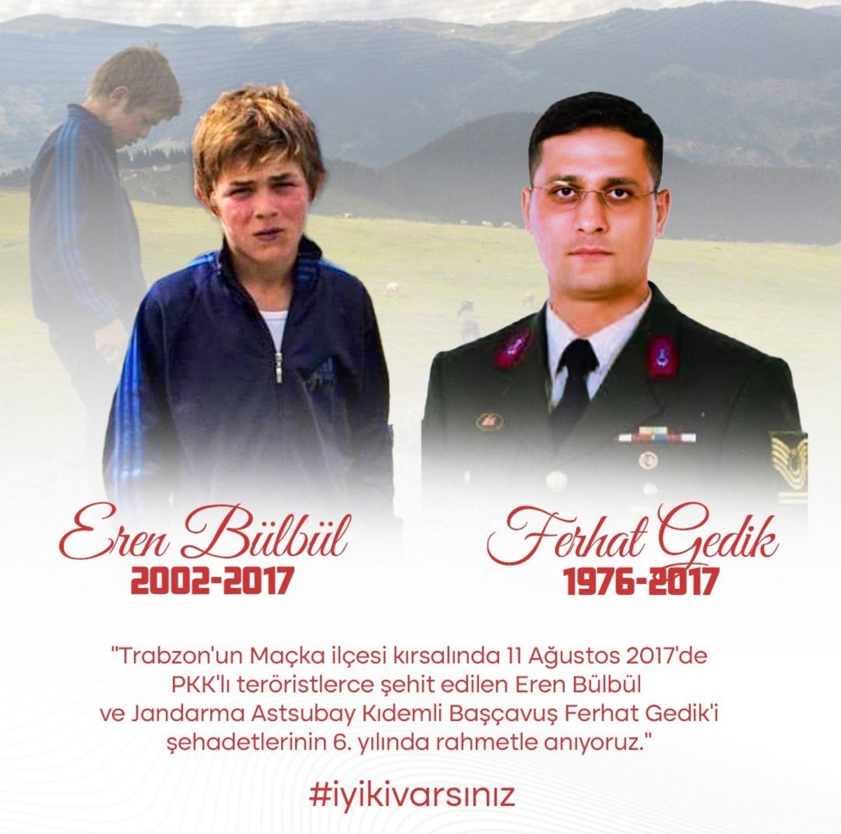 MehmetOzbay_26's tweet photo. Şehadetlerinin 6'ncı yılında yiğit evladımız Eren Bülbül ile kahraman Jandarma Astsubay Kıdemli Başçavuşumuz Ferhat Gedik’i rahmetle ve şükranla yâd ediyoruz.
Ruhları şâd, mekanları cennet, makamları âli olsun.
#iyikivarsınEren 
#iyikivarsınFerhat https://t.co/2W6O1HvURL