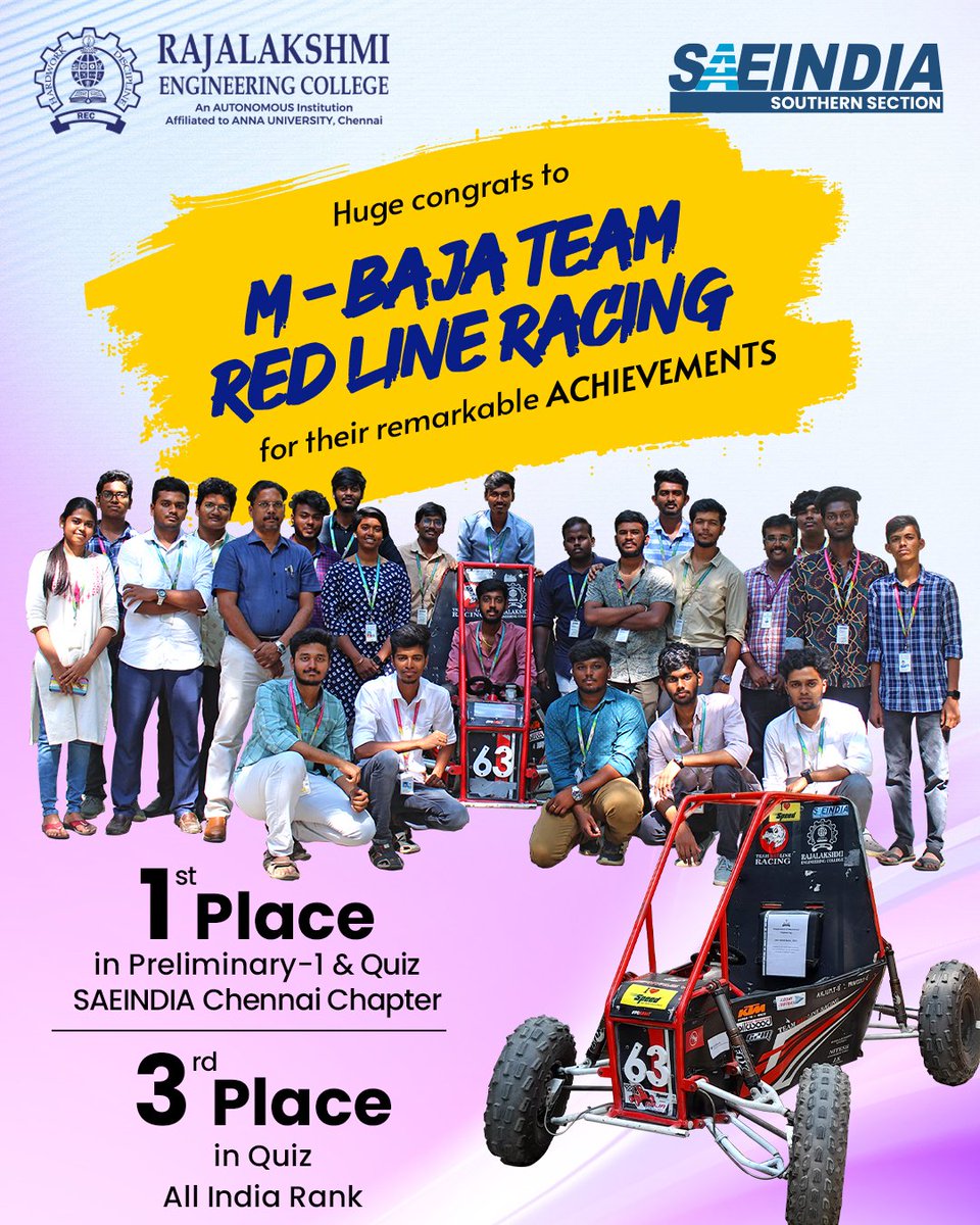 myrecchennai's tweet photo. Cheers to M- Baja Team - Red Line Racing on your phenomenal achievements! Your journey exemplifies perseverance and innovation. Keep accelerating towards even greater success!
#REC #naac #mbaja #redlineracing #saeindia #Rajalakshmiinstitutions #RajalakshmiEngineeringCollege https://t.co/kzRGYzYJ0o