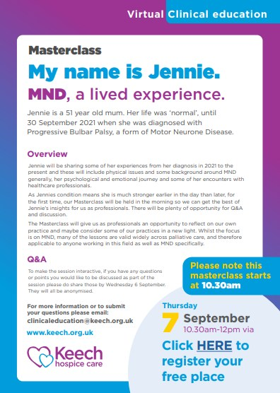 EoLCchris's tweet photo. Our next Masterclass is in the morning, 10.30, 7th September. Jennie Starkey is an inspiring speaker and will be talking about her lived experience of MND. Do join us for another great chance to enhance our skills and learn together. https://t.co/5NTEdi3K3w