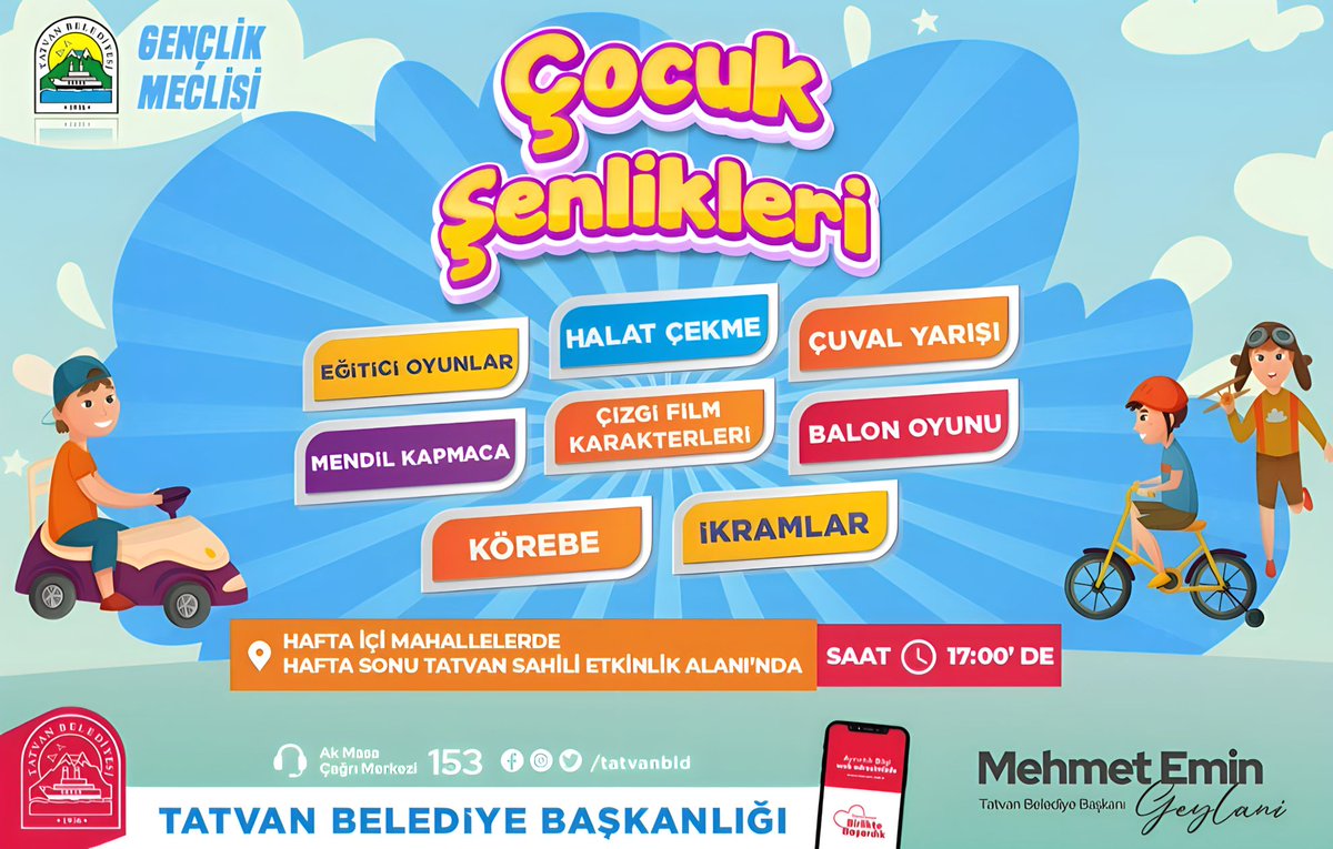 Tatvan Belediyesi Çocuk Şenlikleri Hafta içi mahallelerde Haftasonu Sahilde ☺️

Bu yıl dördüncüsü düzenlenen ‘Tatvan Belediyesi Çocuk Şenliği’ yaz boyunca 17.00 da Gençlik Meclisi gönüllü üyelerimiz tarafından birbirinden güzel aktiviteler ile gerçekleştirilecek.

<a href="/EminGeylani/">Mehmet Emin GEYLANİ</a>