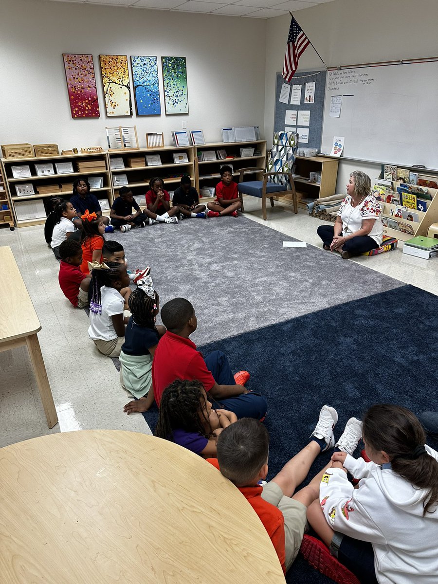 Crowley Montessori Academy lower elementary guides leading morning meetings. Children taking ownership of their environments and preparing for their morning work cycle. <a href="/CrowleyISD/">Crowley ISD</a>