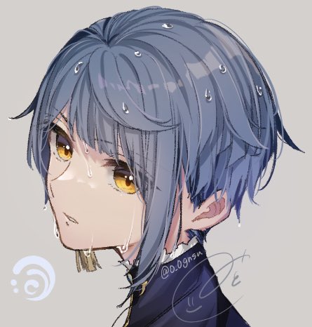 xingqiu (genshin impact) 1boy male focus solo blue hair simple background yellow eyes wet  illustration images
